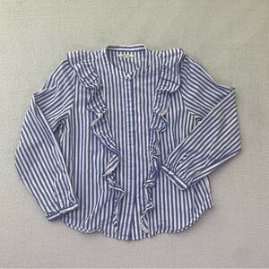 Madewell Women's Large Blue Striped Ruffle Front Blouse